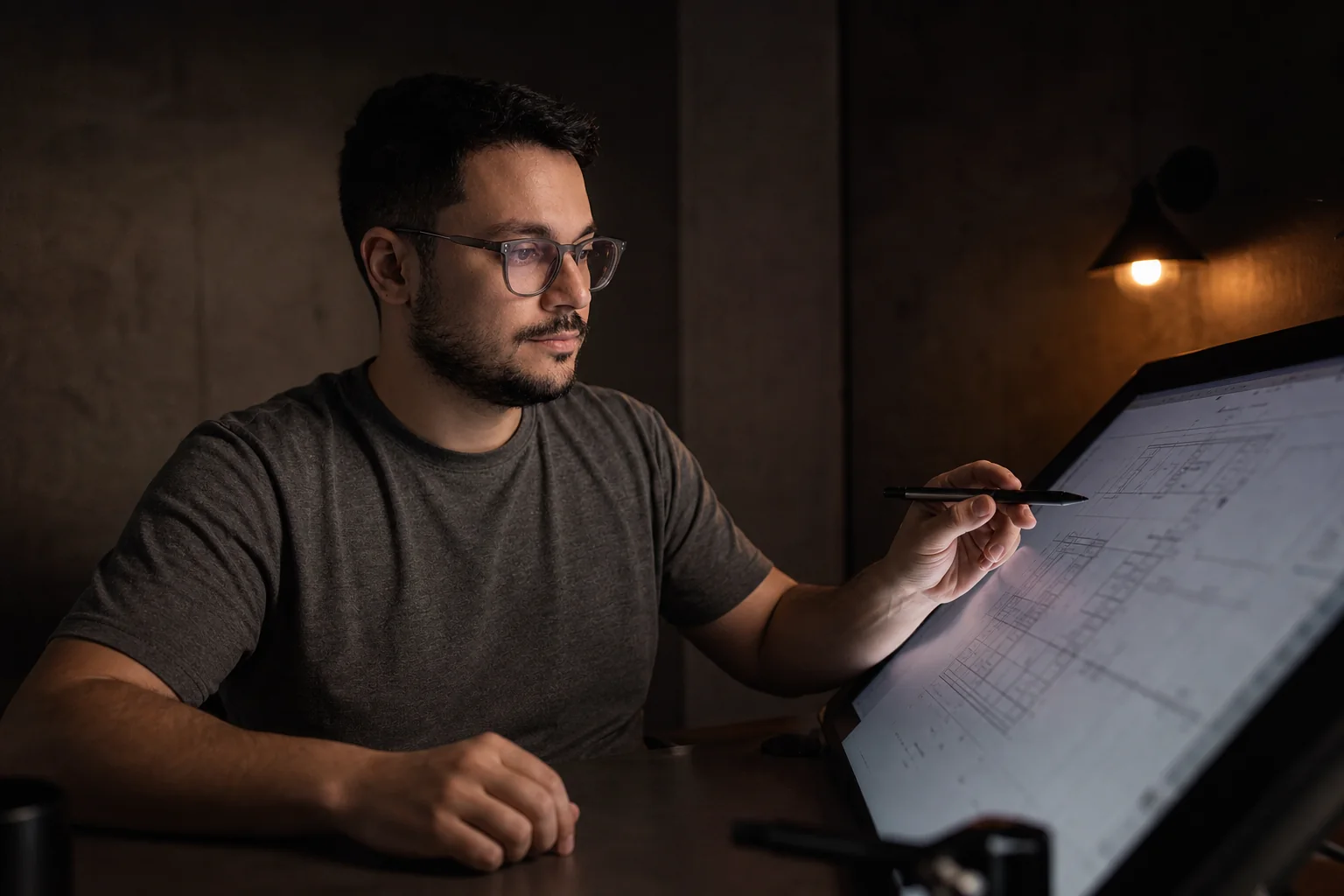 Paulo Real reviewing an architecture drawing at a technical workstation